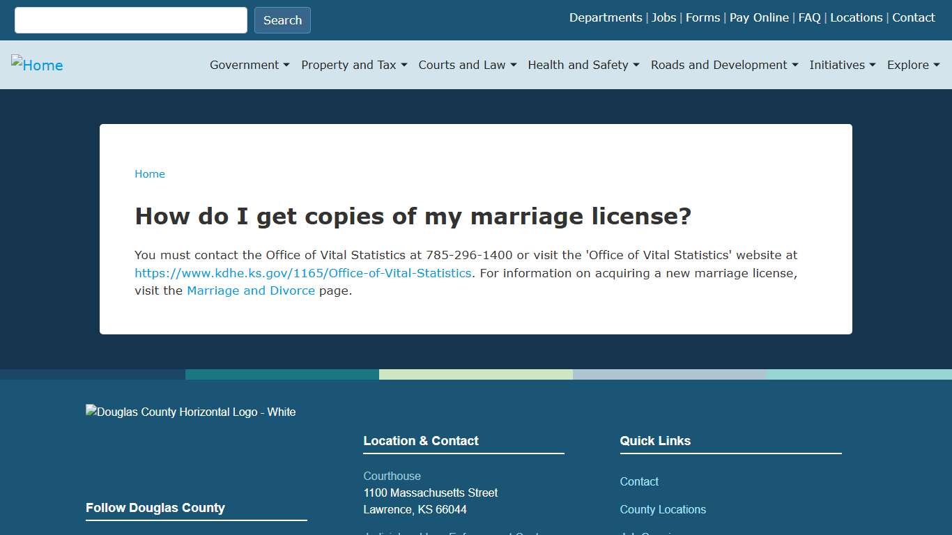 How do I get copies of my marriage license? Douglas County KS